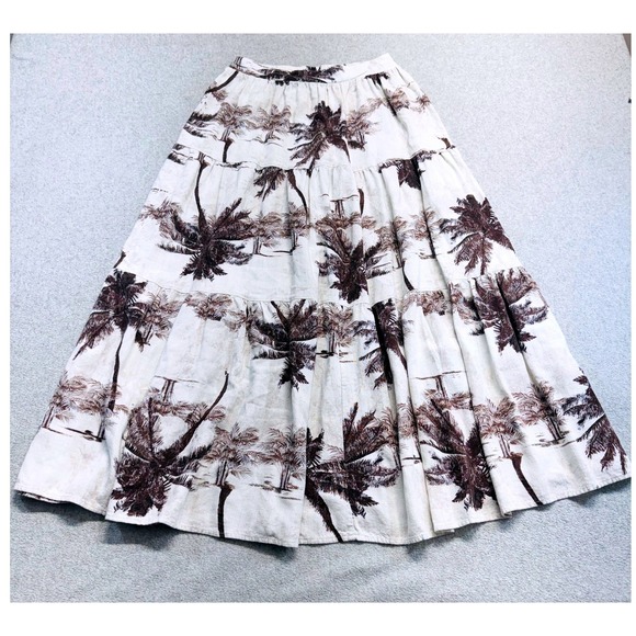 Cal Style Dresses & Skirts - Cal Style Maxi Skirt Women S Cream Brown Palm Tree Tiered Linen Blend Boho Flowy